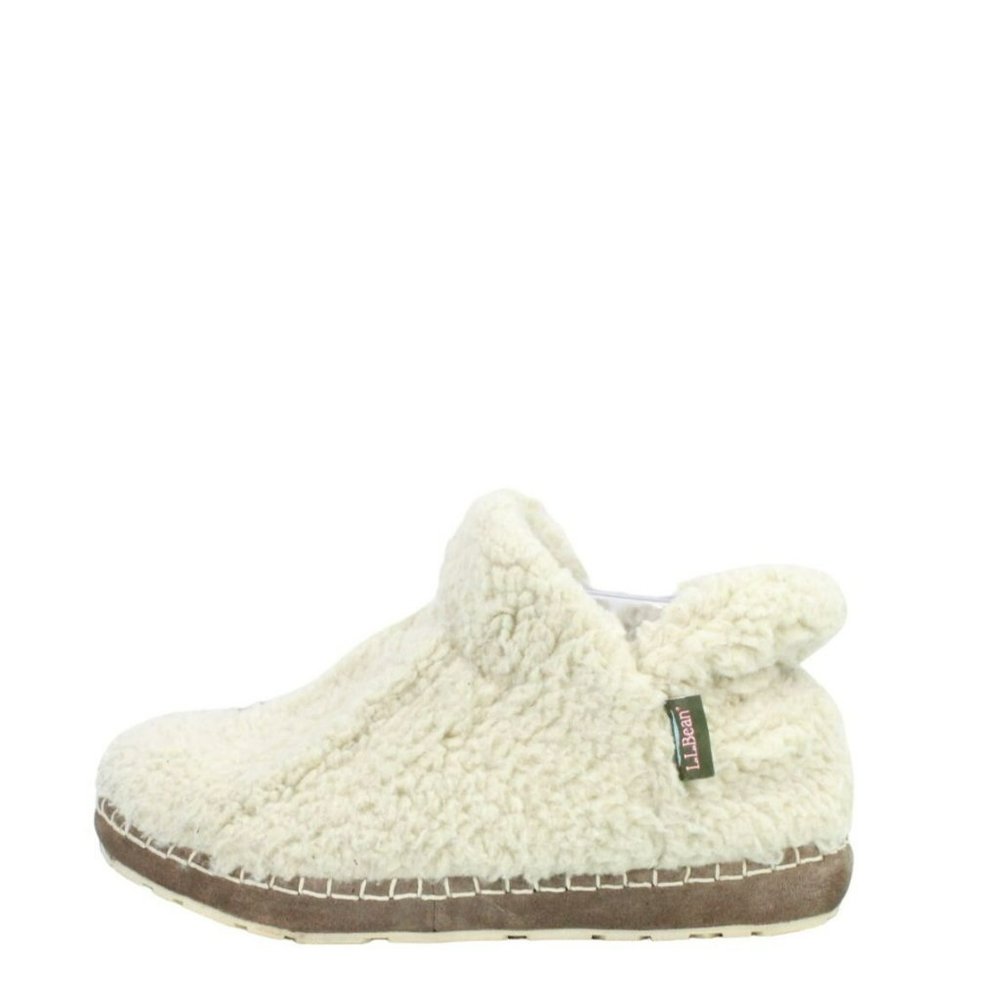 LL Bean Tan Wool Slip On Cozy Pile Fleece Lined Slipper Booties Size 8 M - Picture 1 of 9